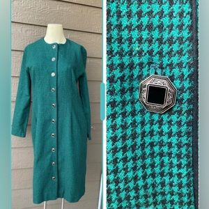 Vintage Wool Dress Houndstooth Pattern Black Green Long Sleeve Tailored M